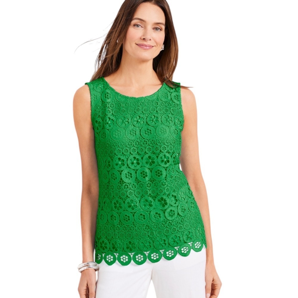 NWT Talbots Lace Trim Knit Shell Green Size Petite P